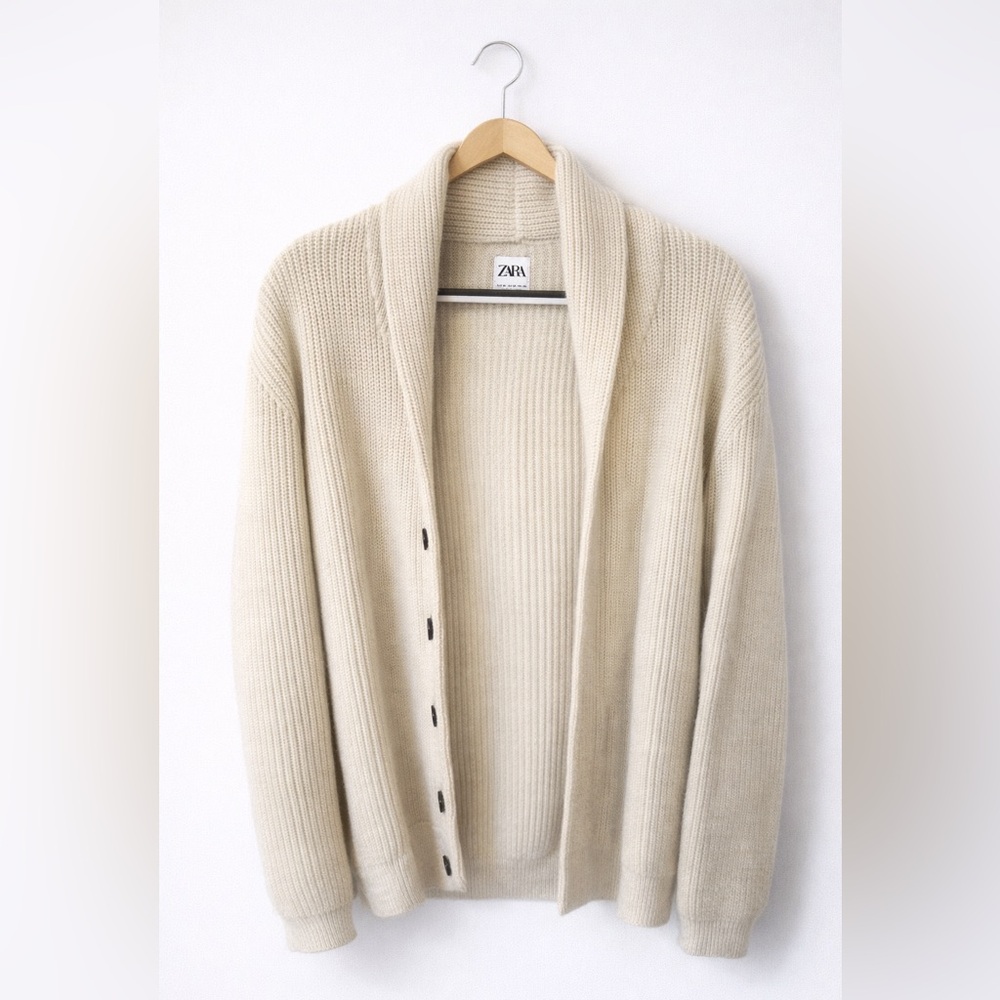 Zara Cream Ribbed Shawl Collar Cardigan